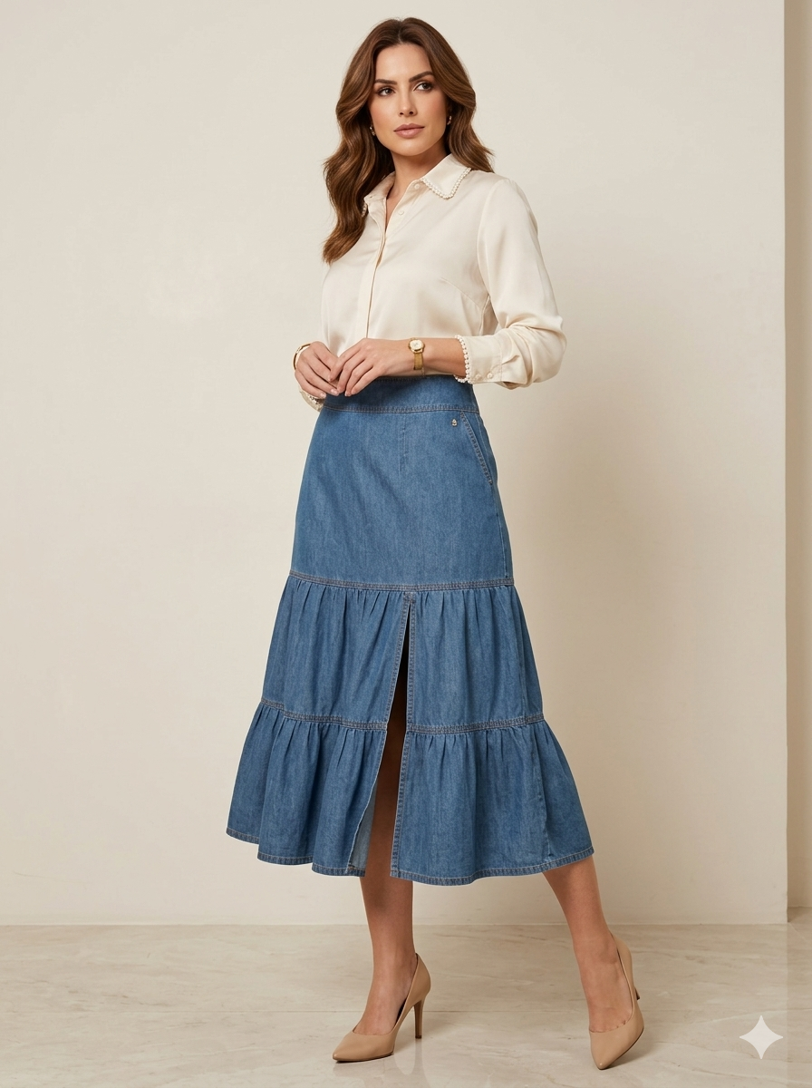 Saia Jeans Midi com Franzidos Via Tolentino