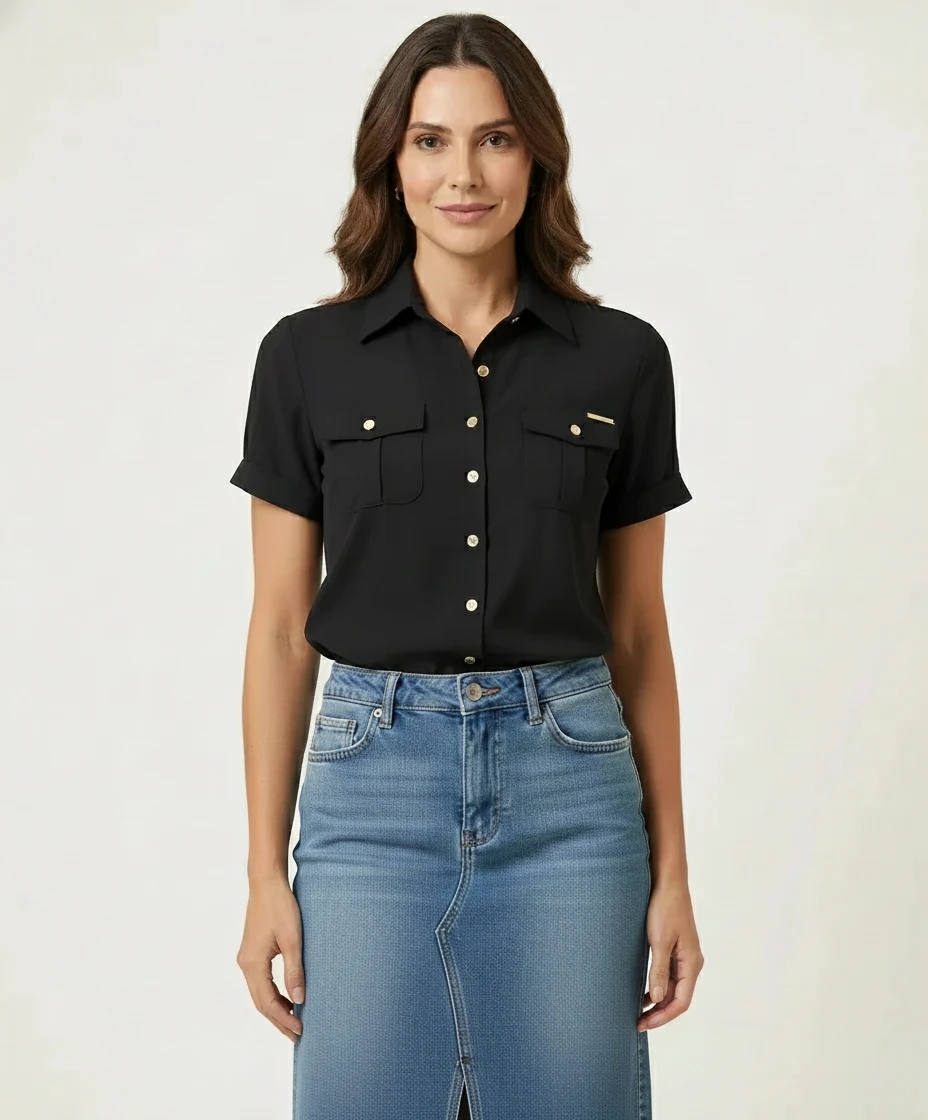 Camisa Grepp Via Tolentino Preta com Botões Dourados