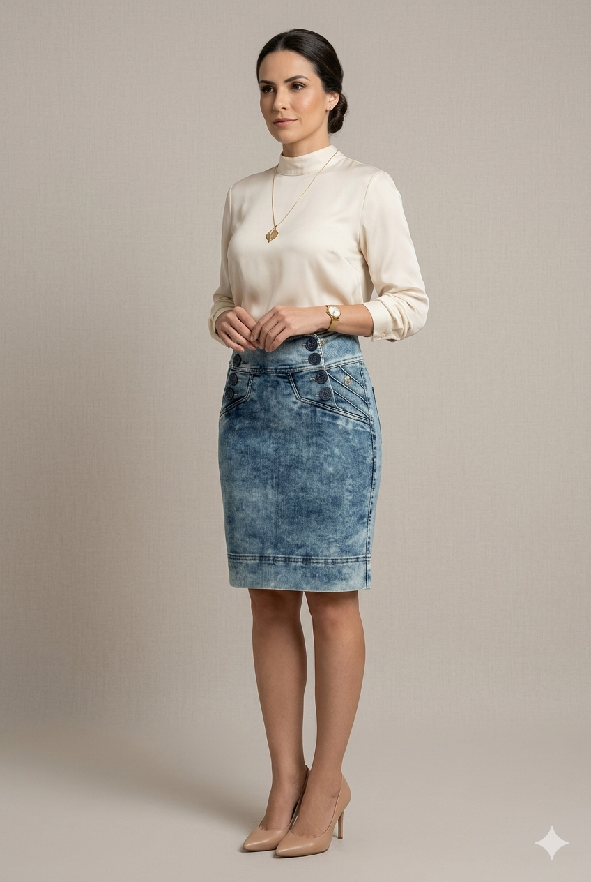 Saia Jeans Midi Via Tolentino com Detalhes Diagonais