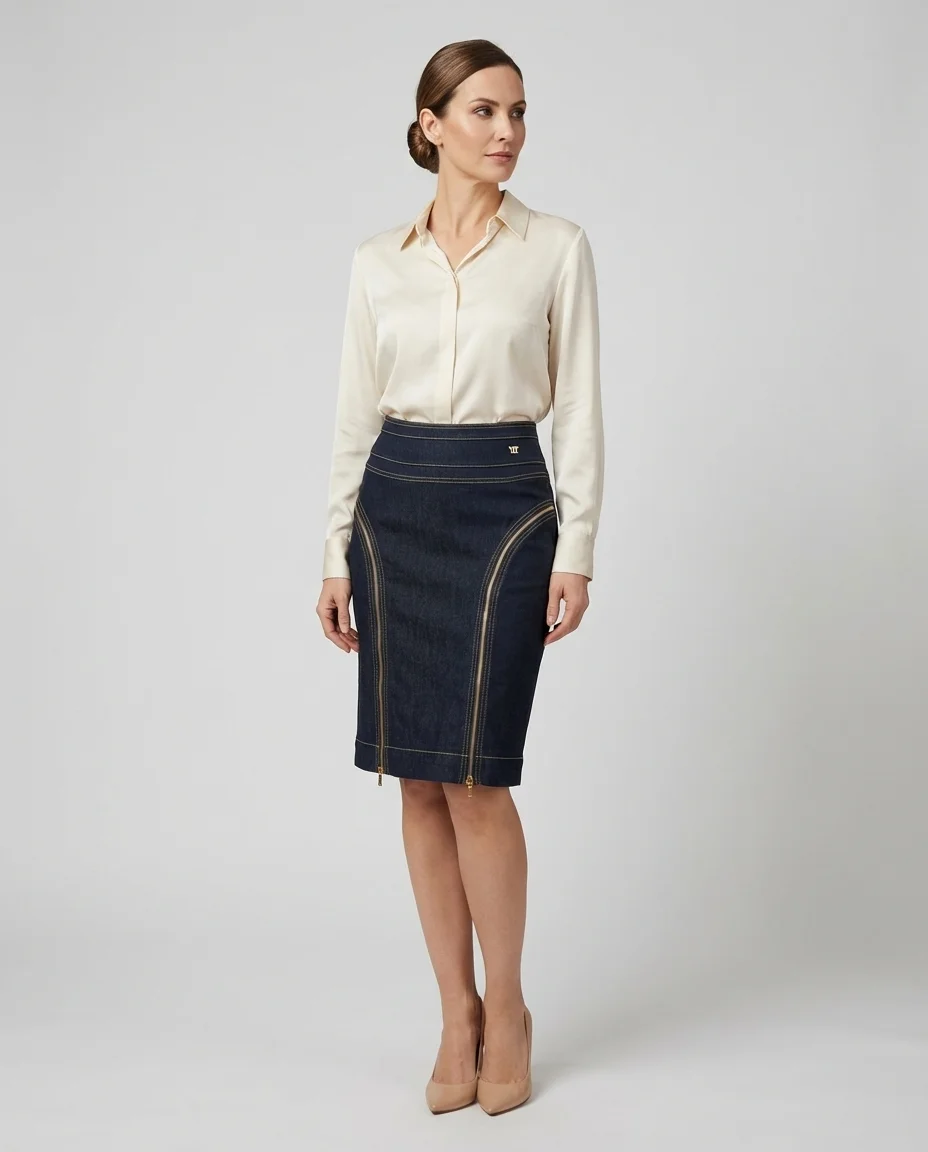Saia Jeans Midi com Zíperes Frontais Via Tolentino