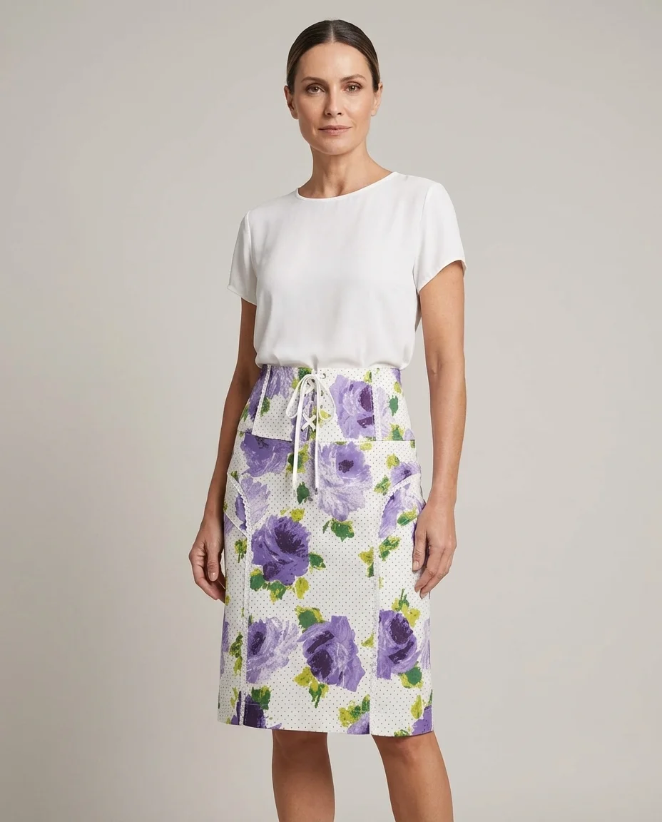 Saia Floral com Poá e Renda Branca