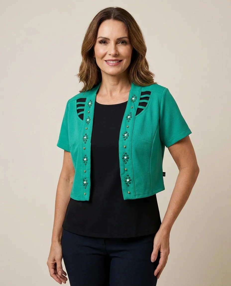 Bolero Bordado com Pedrarias Verde Esmeralda