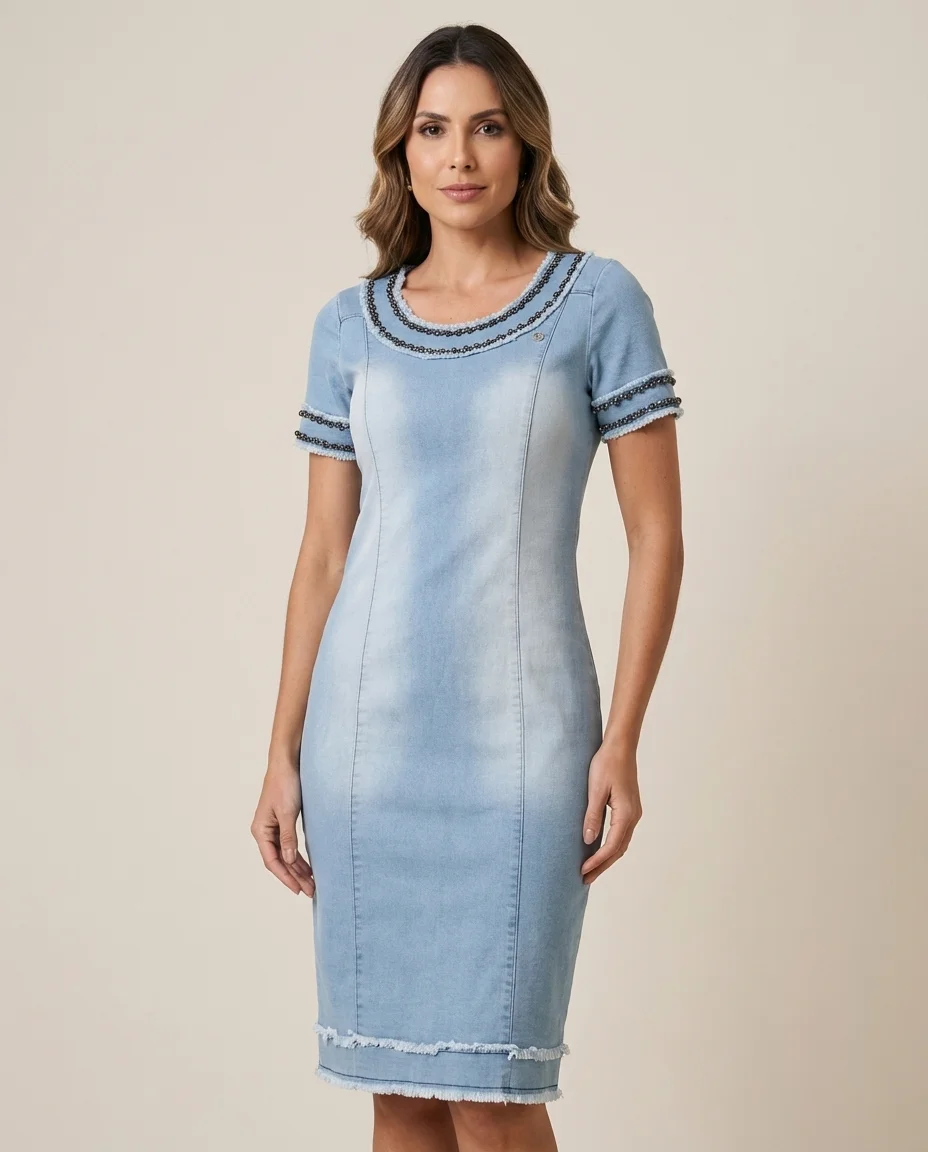 Vestido Jeans com Bordado em Pérolas e Detalhes Desfiados