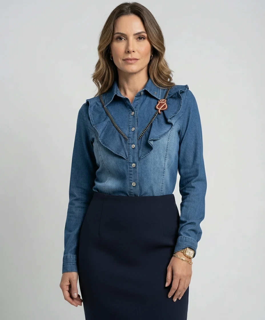 Camisa Jeans com Detalhes de Corrente e Babado