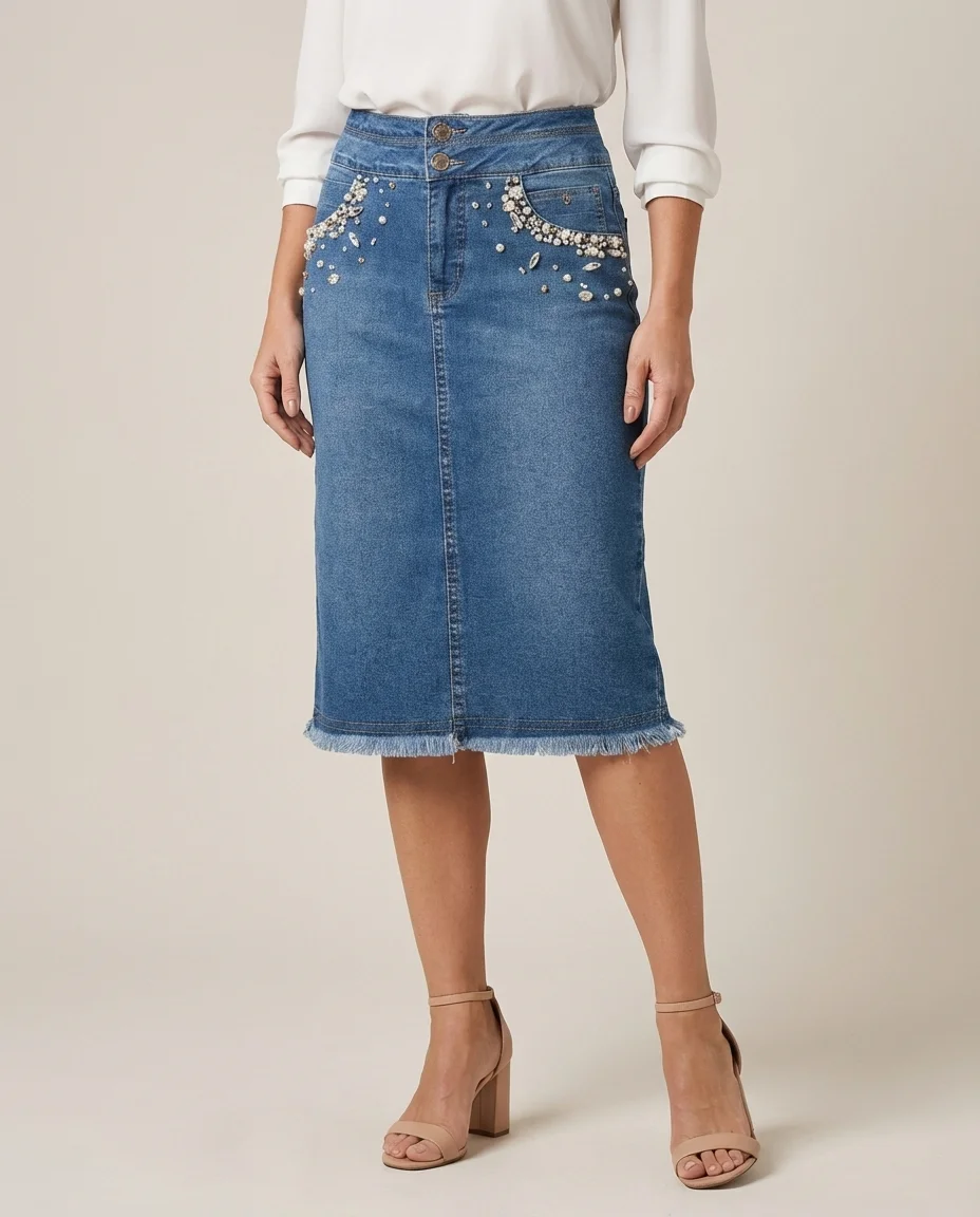 Saia Jeans Midi Bordada com Pedraria Via Tolentino