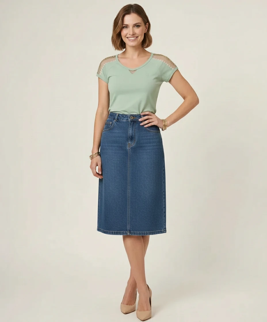 Blusa Verde Menta com Pedraria nos Ombros Via Tolentino