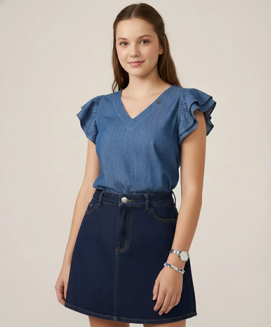 Blusa Jeans Via Tolentino com Manga Babado