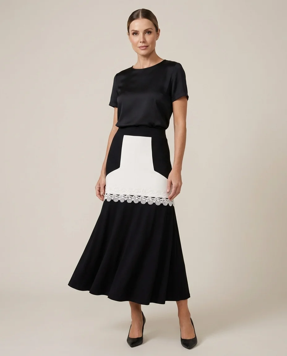 Saia Midi Bicolor com Detalhe em Renda Via Caruso