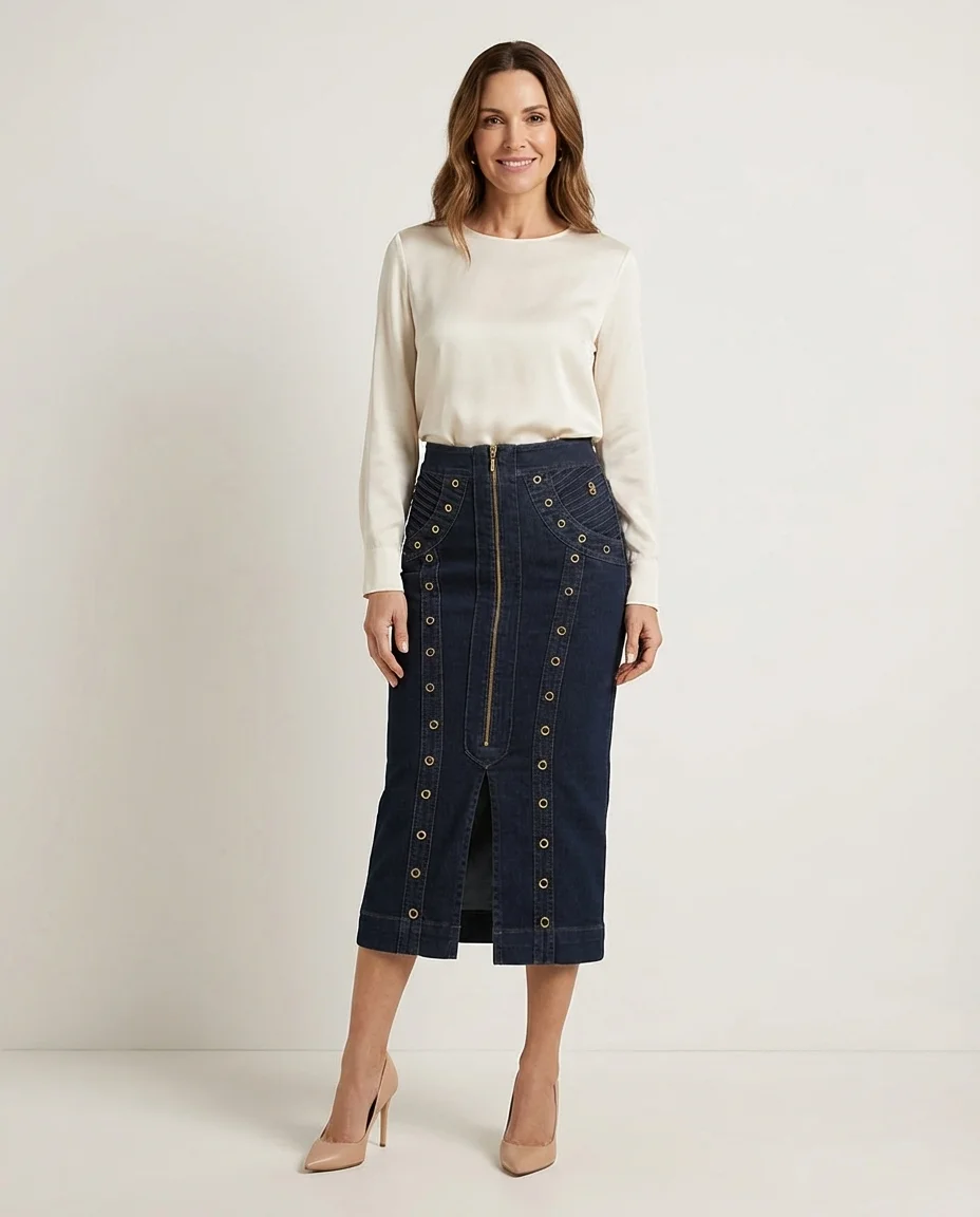 Saia Jeans Midi com Zíper Frontal e Detalhes Dourados
