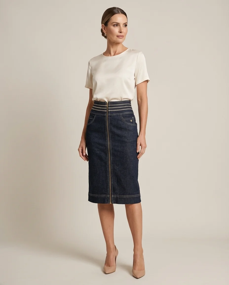 Saia Jeans Midi com Zíper Frontal Via Tolentino