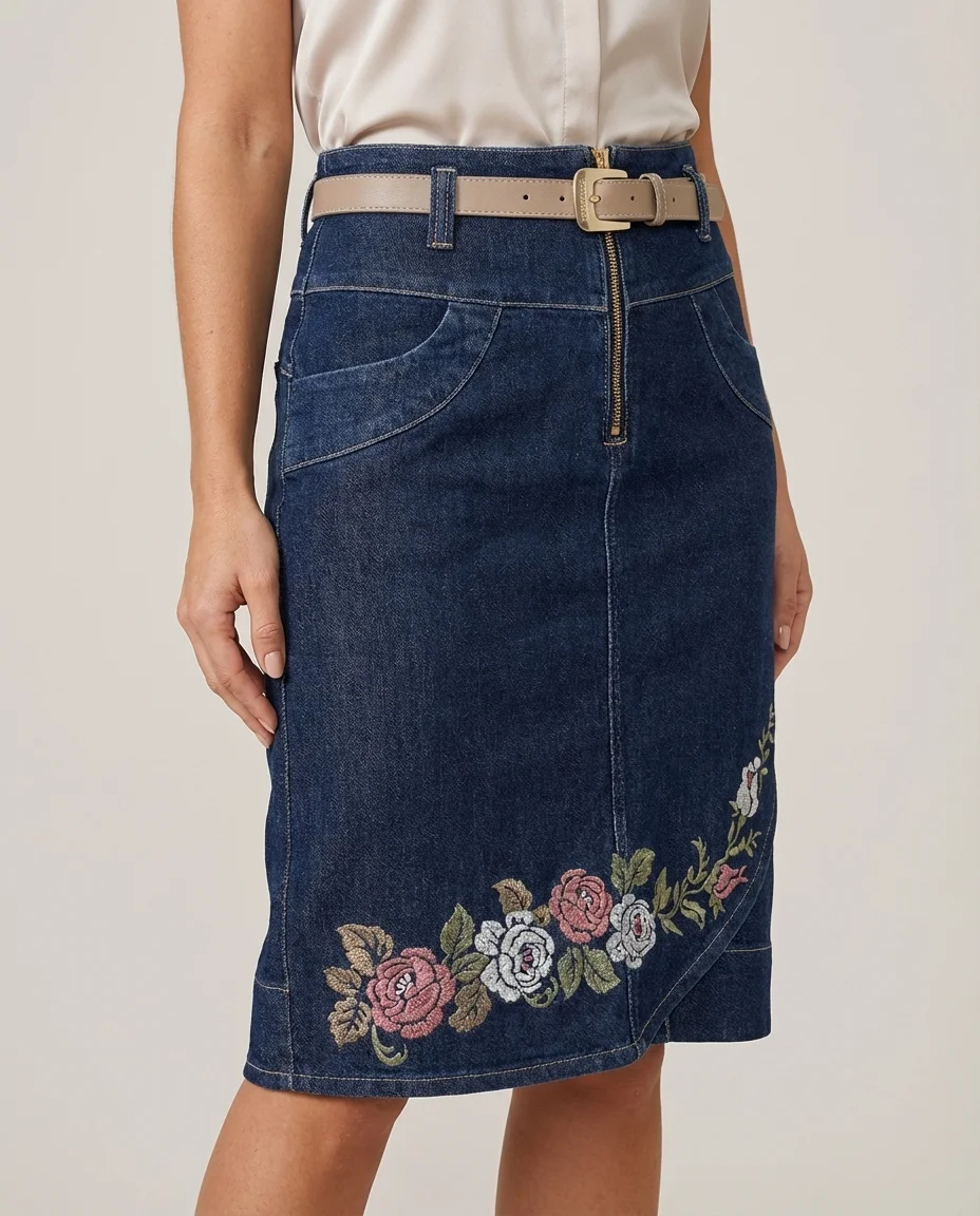Saia Jeans Midi com Bordado Floral e Cinto Via Tolentino