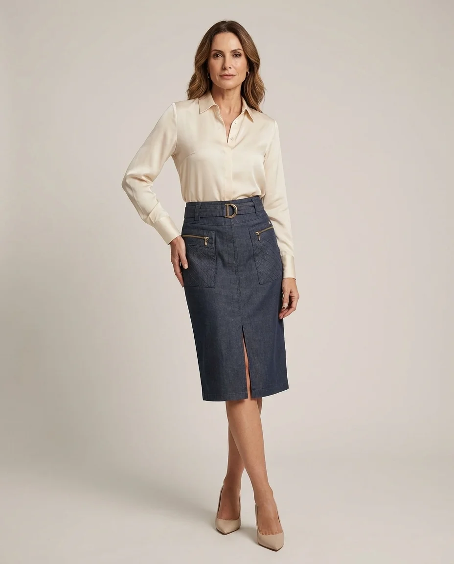 Saia Jeans Midi com Bolsos Matelassê Via Tolentino