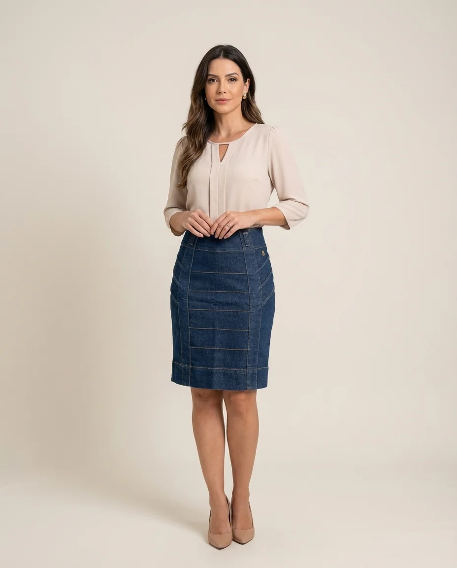 Saia Jeans Estruturada com Recortes Via Tolentino