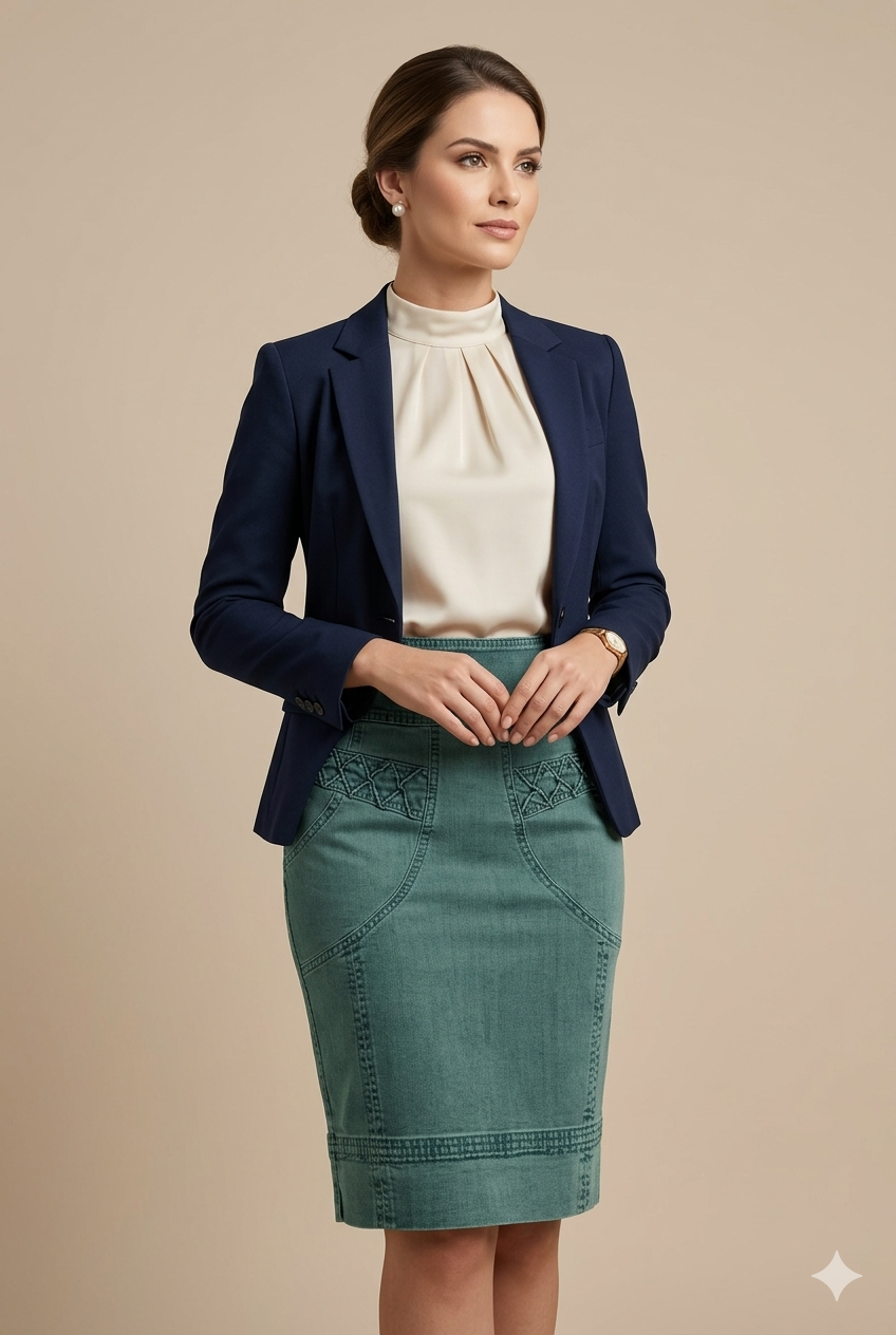 Saia Jeans Midi Reta com Detalhes Via Tolentino