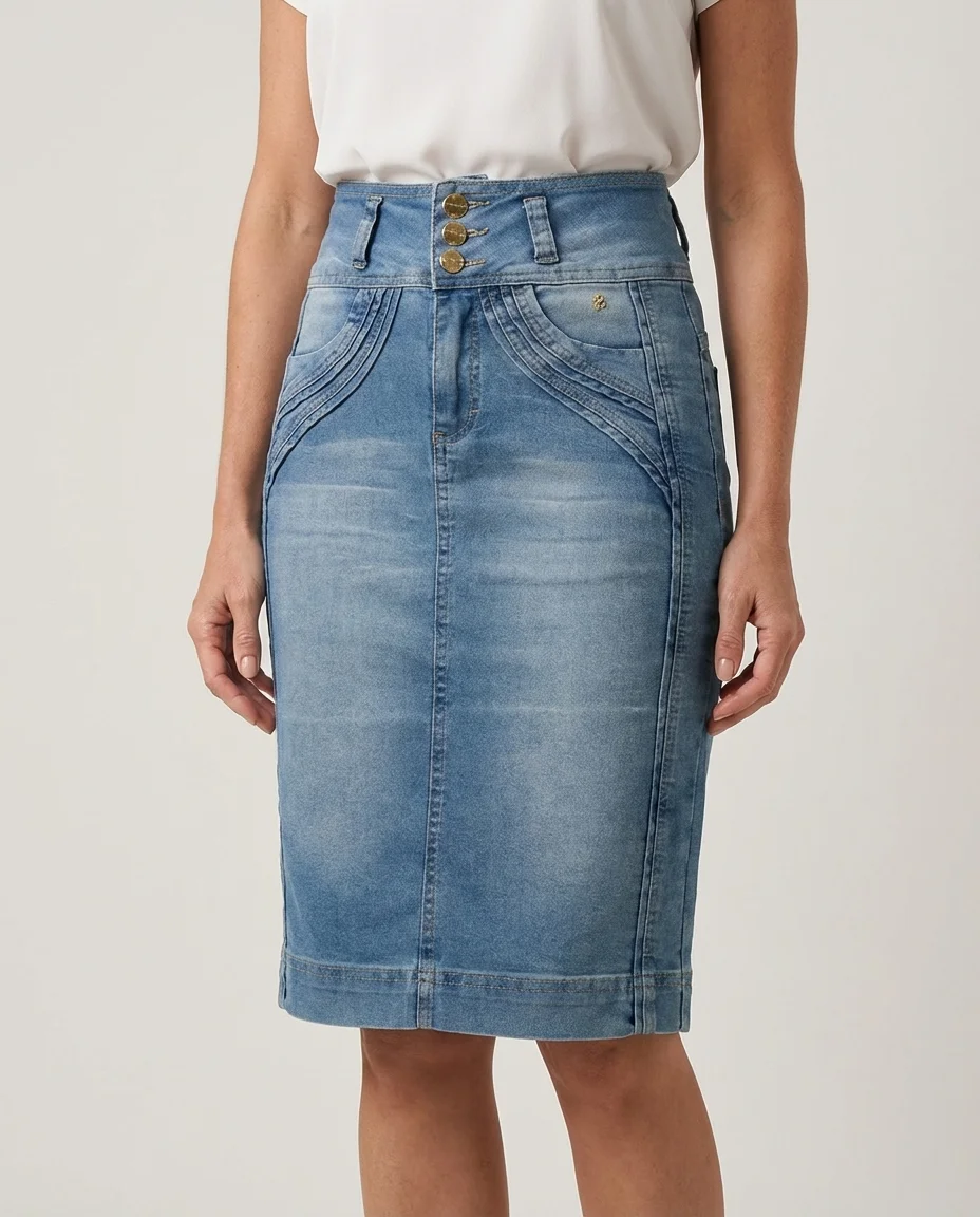 Saia Jeans Reta com Detalhes Frontais Via Tolentino