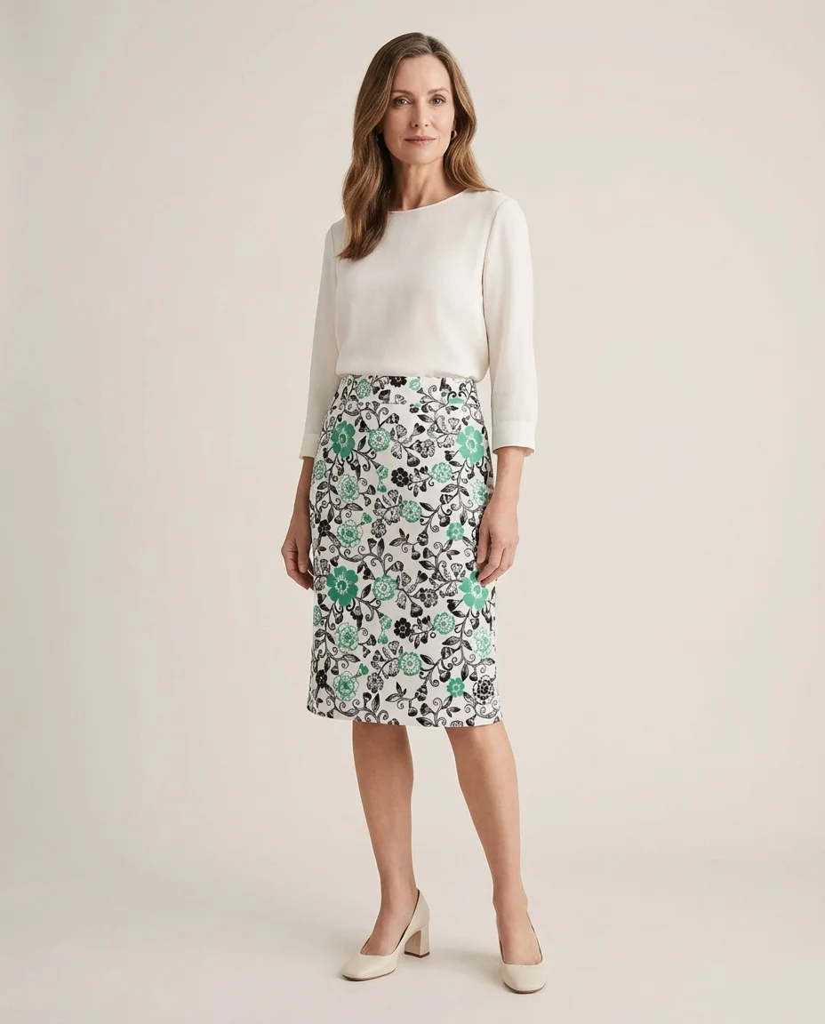 Saia Midi em Malha com Estampa Floral Verde