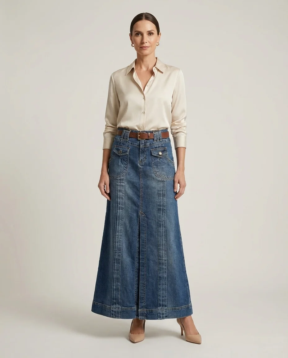 Saia Longa Jeans com Pregas e Cinto Via Tolentino