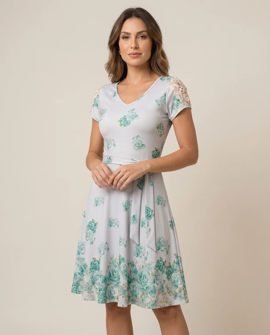 Vestido Evasê Floral com Detalhe em Renda Hapuk