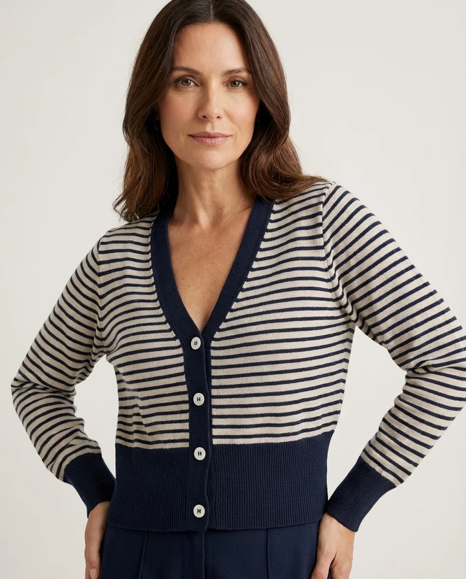 Cardigan Listrado Gola V Azul Marinho e Off White