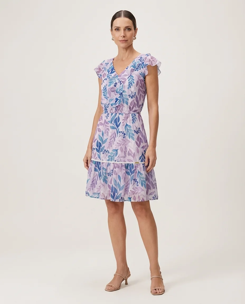Vestido Estampado Folhas Lilás e Azul Via Caruso