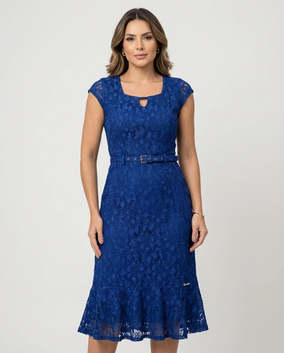 Vestido Midi em Renda Azul com Cinto Via Tolentino