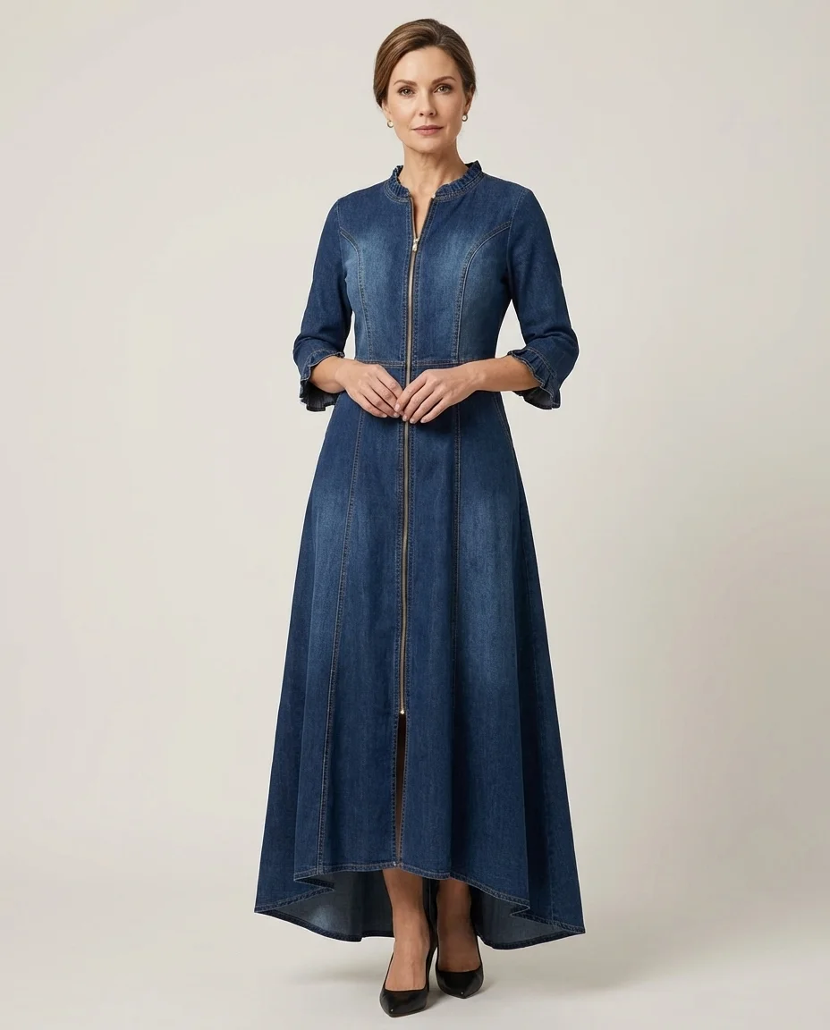 Vestido Jeans Longo Evasê com Zíper Frontal