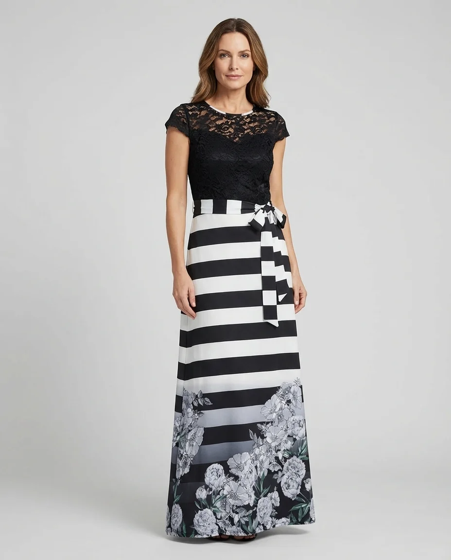 Vestido Longo Via Caruso Listrado e Floral com Renda