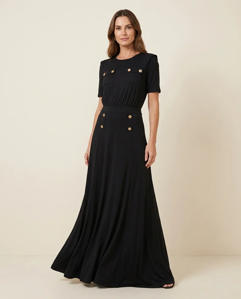 Vestido Elegance Preto com Detalhes Dourados