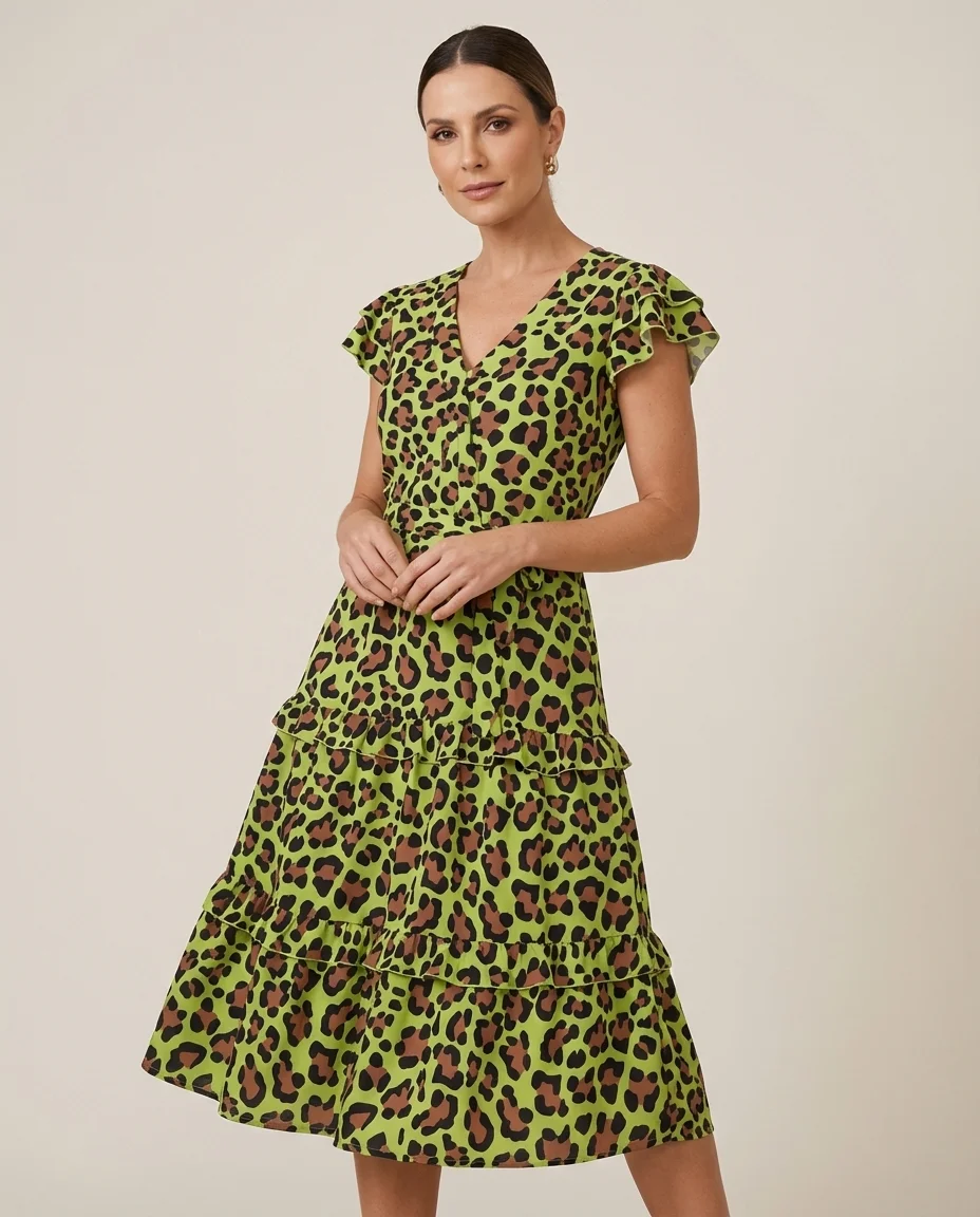 Vestido Midi Halana Estampa Animal Print Verde