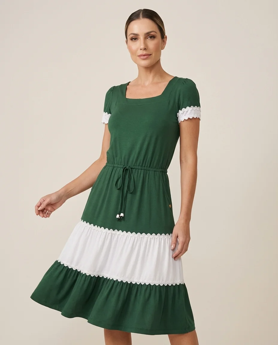 Vestido Hapuk Bicolor em Malha com Detalhes em Renda