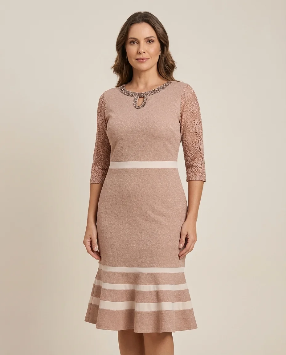 Vestido Midi Rosé com Renda e Gola Bordada