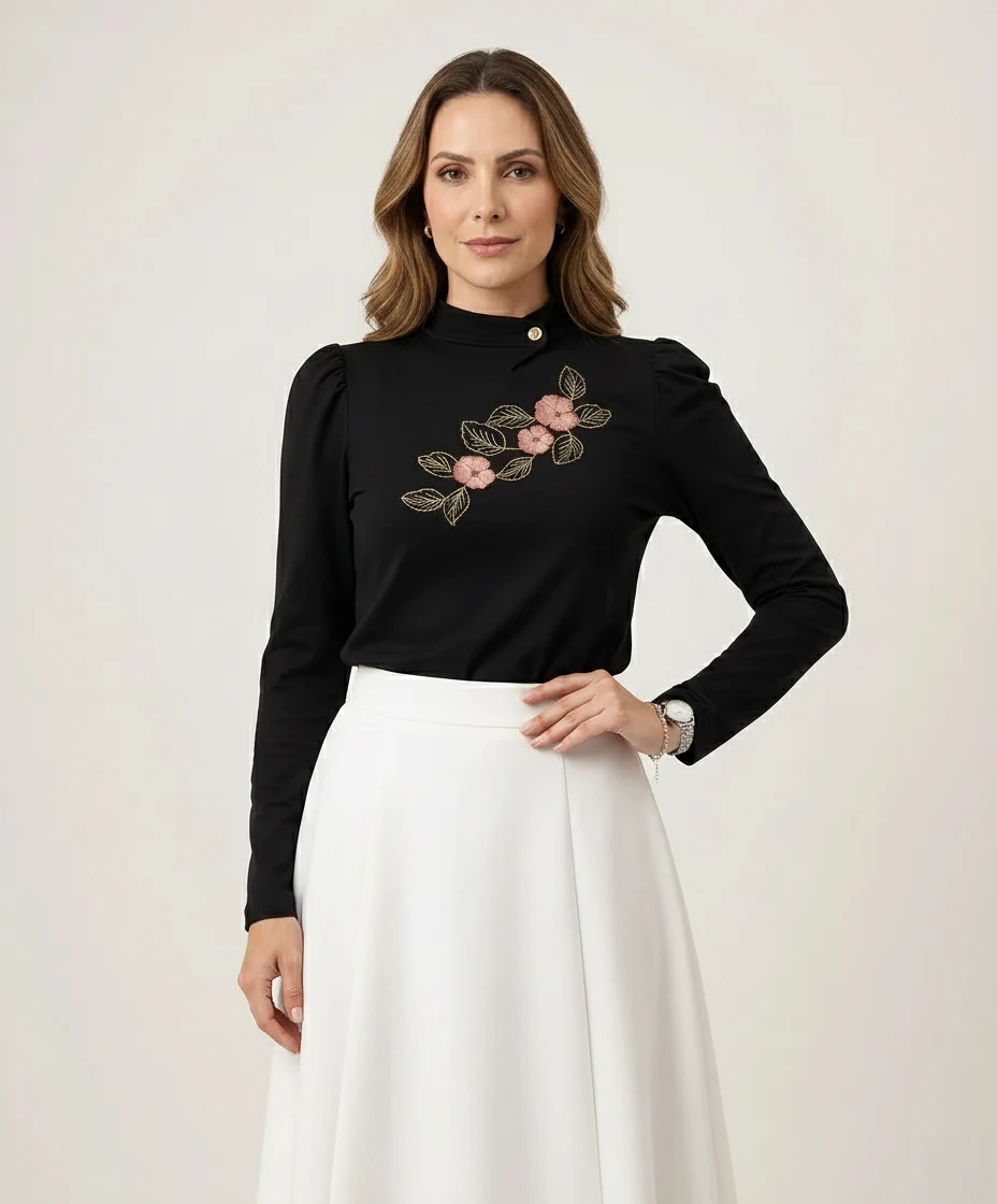 Blusa Via Tolentino Gola Alta com Bordado Floral