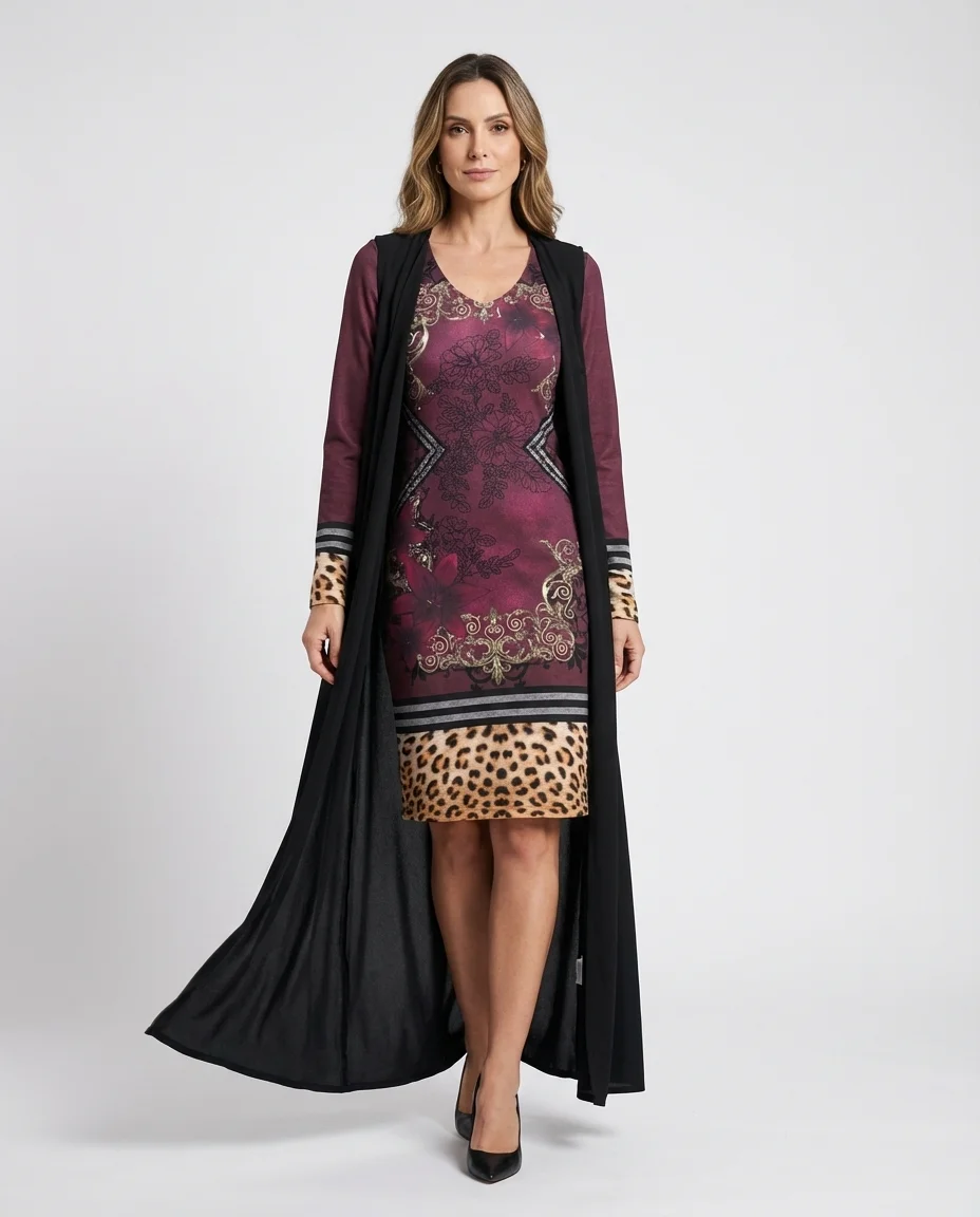 Conjunto Via Tolentino Vestido Estampado e Capa Preta