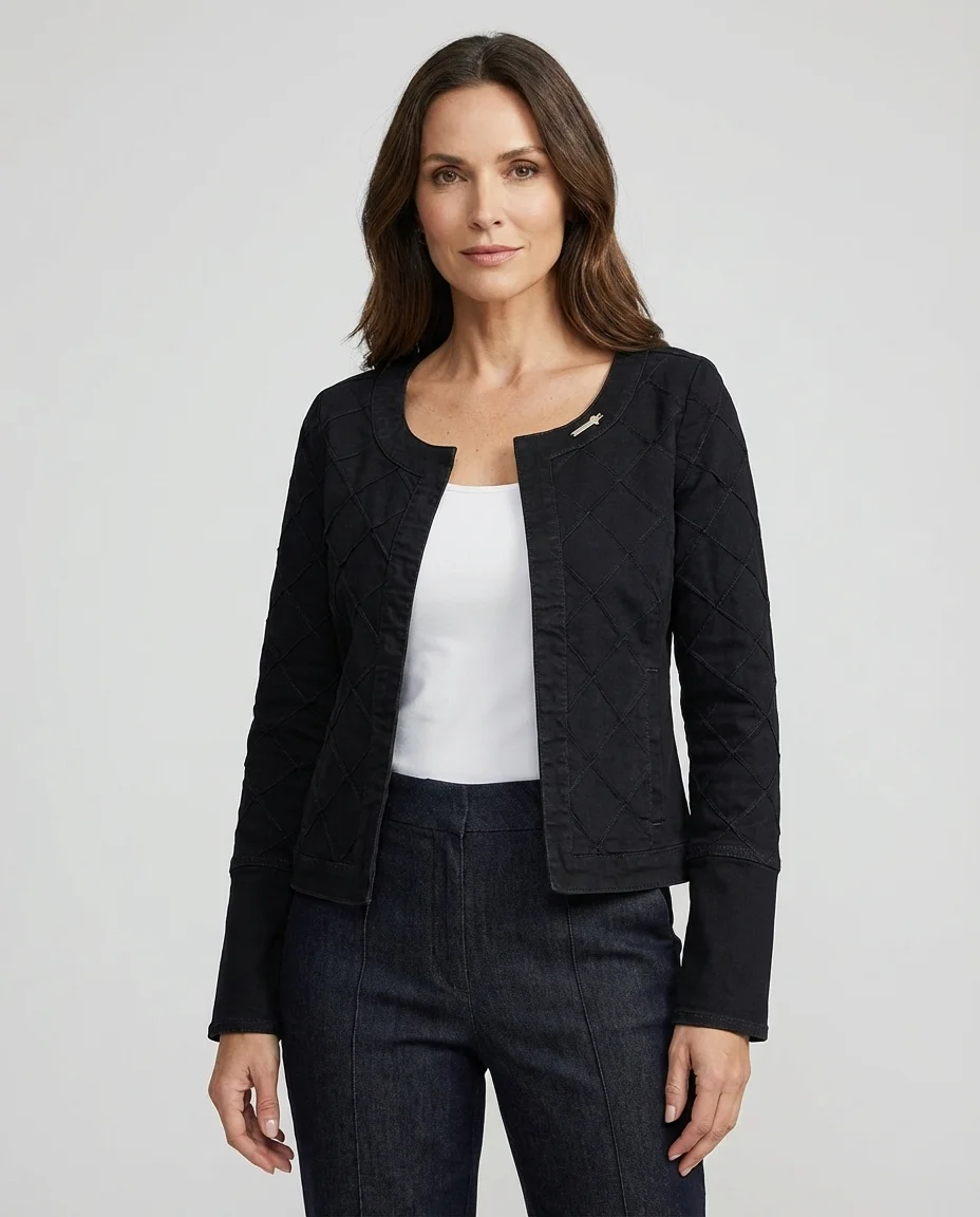 Blazer Jeans Preto com Efeito Matelassê Via Tolentino