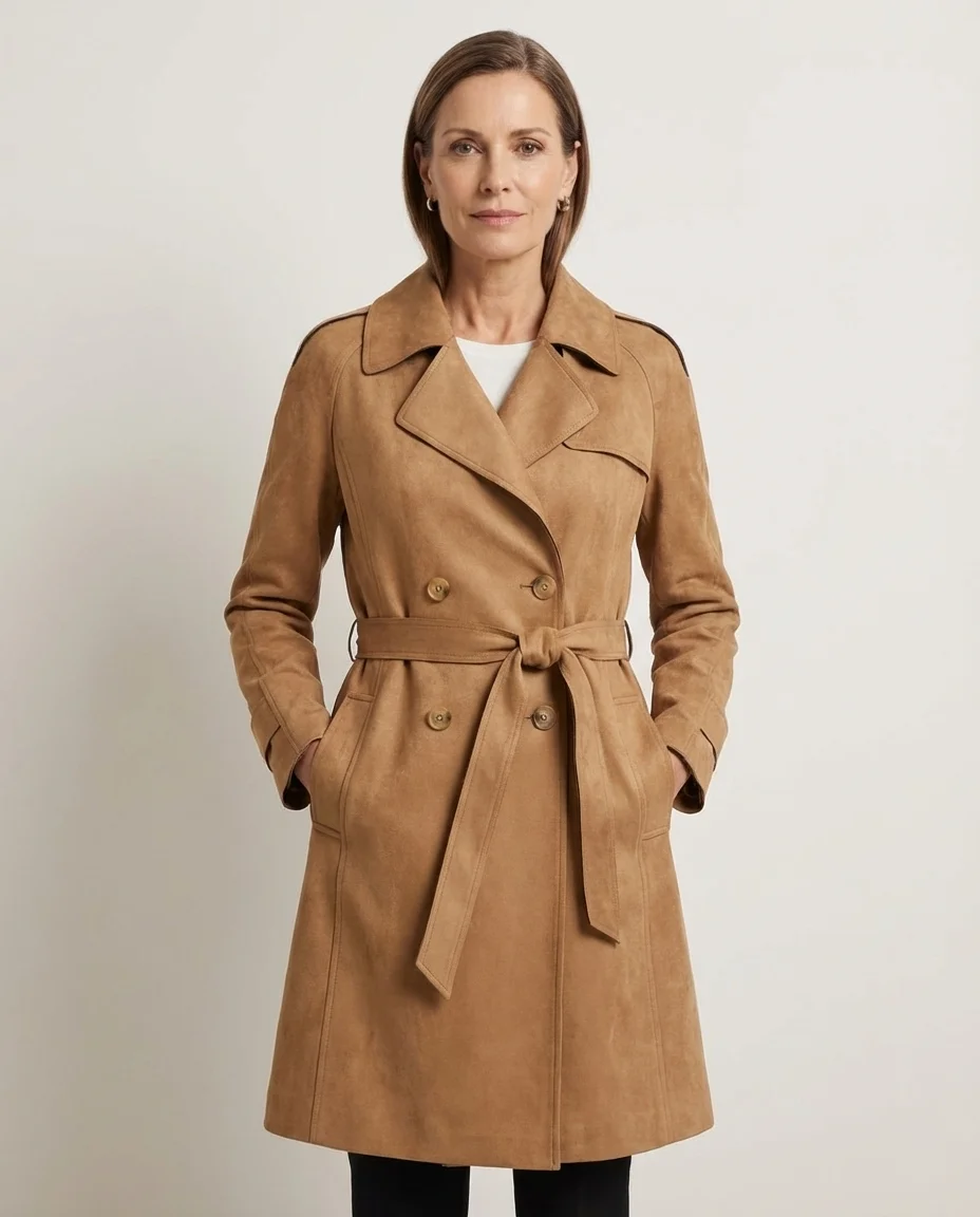 Casaco Trench Coat Suede Marrom Claro