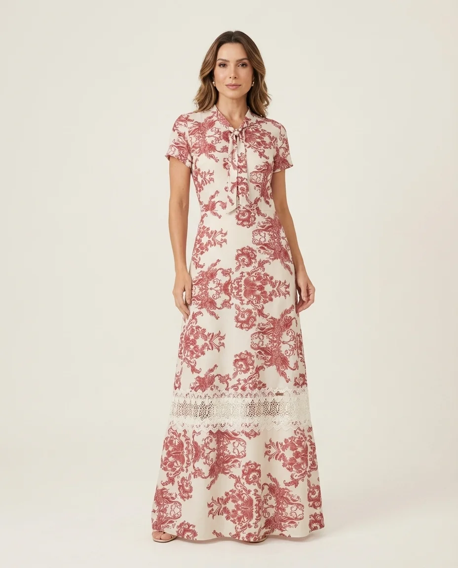 Vestido Longo Estampado Grepp Suíço com Renda