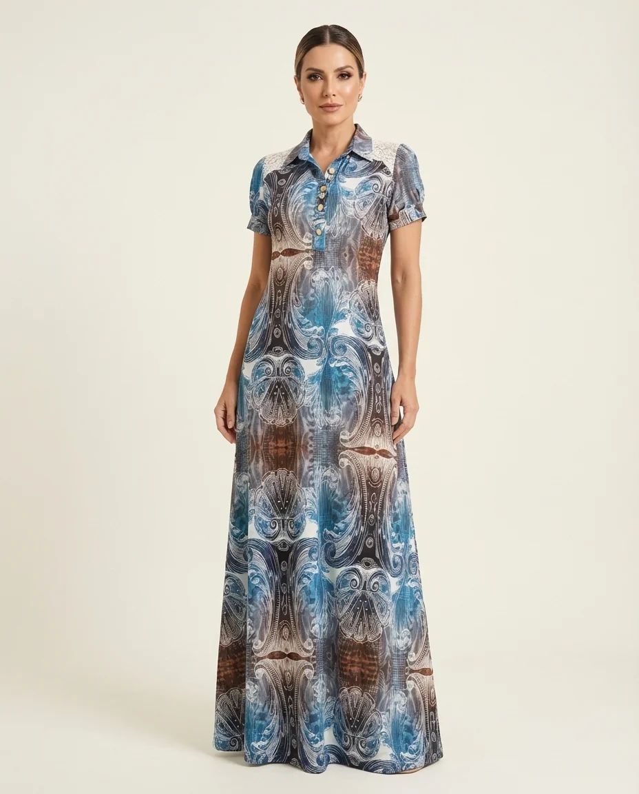 Vestido Longo Estampado com Detalhe em Renda Zunna Ribeiro