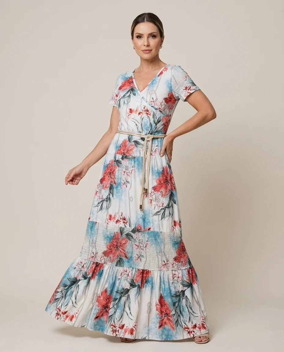 Vestido Longo Floral com Lastex e Cinto Corda Via Tolentino
