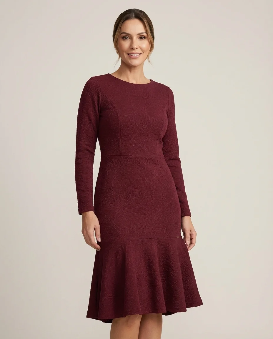 Vestido Midi em Lãzinha Texturizada Marsala