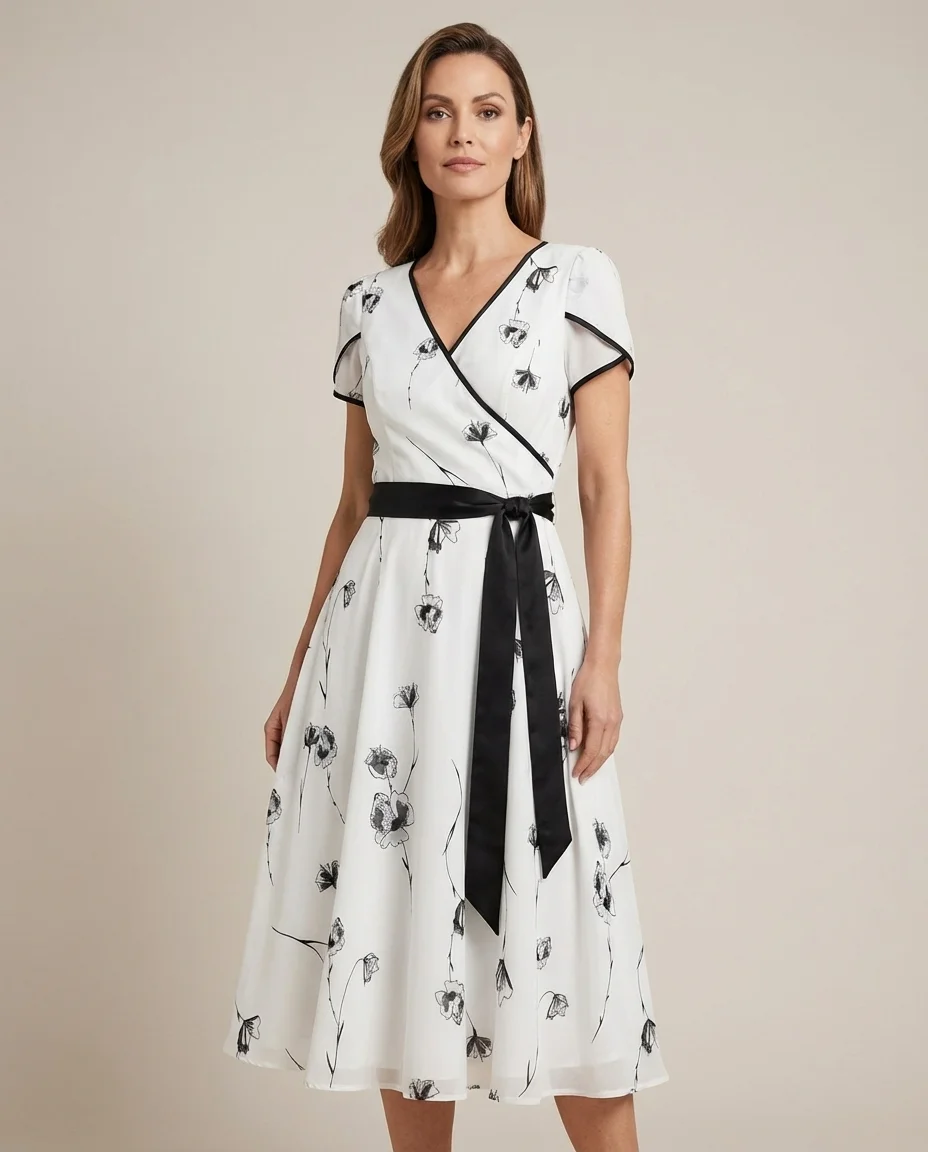 Vestido Ladylike Estampado com Faixa na Cintura