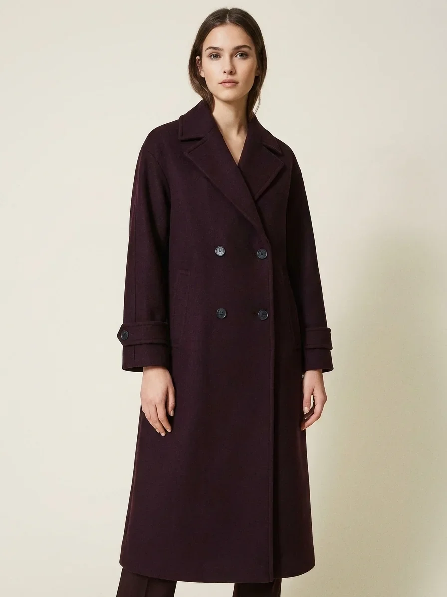 Sobretudo Longo Zara de Lã Batida Roxo Escuro Elegante