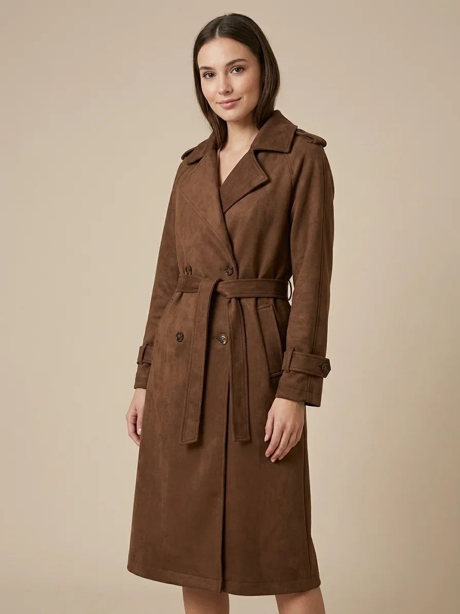 Sobretudo Trench Coat em Suede marron Stradivarius