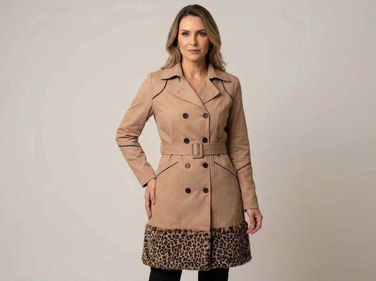 Trench Coat Via Tolentino Bege com Detalhes em Pelo Animal Print