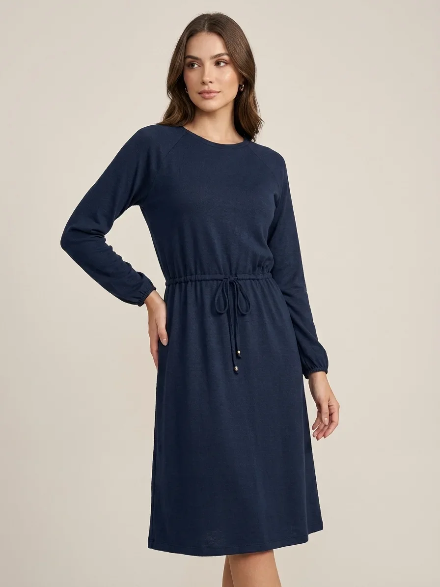 Vestido Marina Hapuk em Malha com Manga Longa Azul Marinho