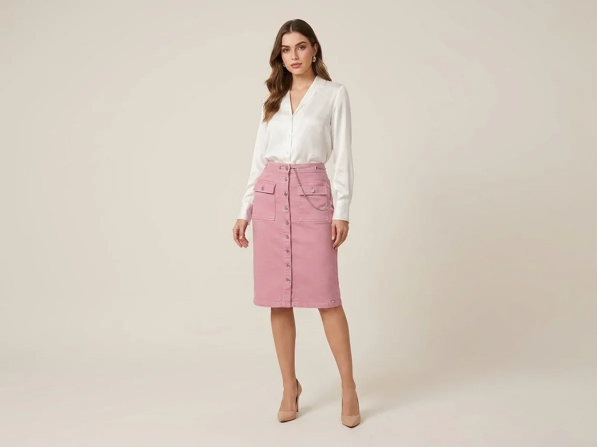 Saia Midi Hapuk Brenda em Brim Rosa com Botões e Corrente