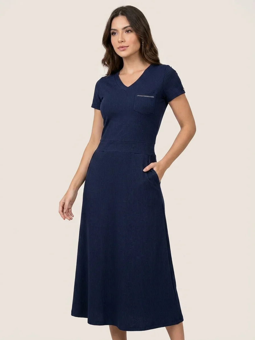Vestido Longuete Antônia Hapuk em Malha Canelada Azul Marinho