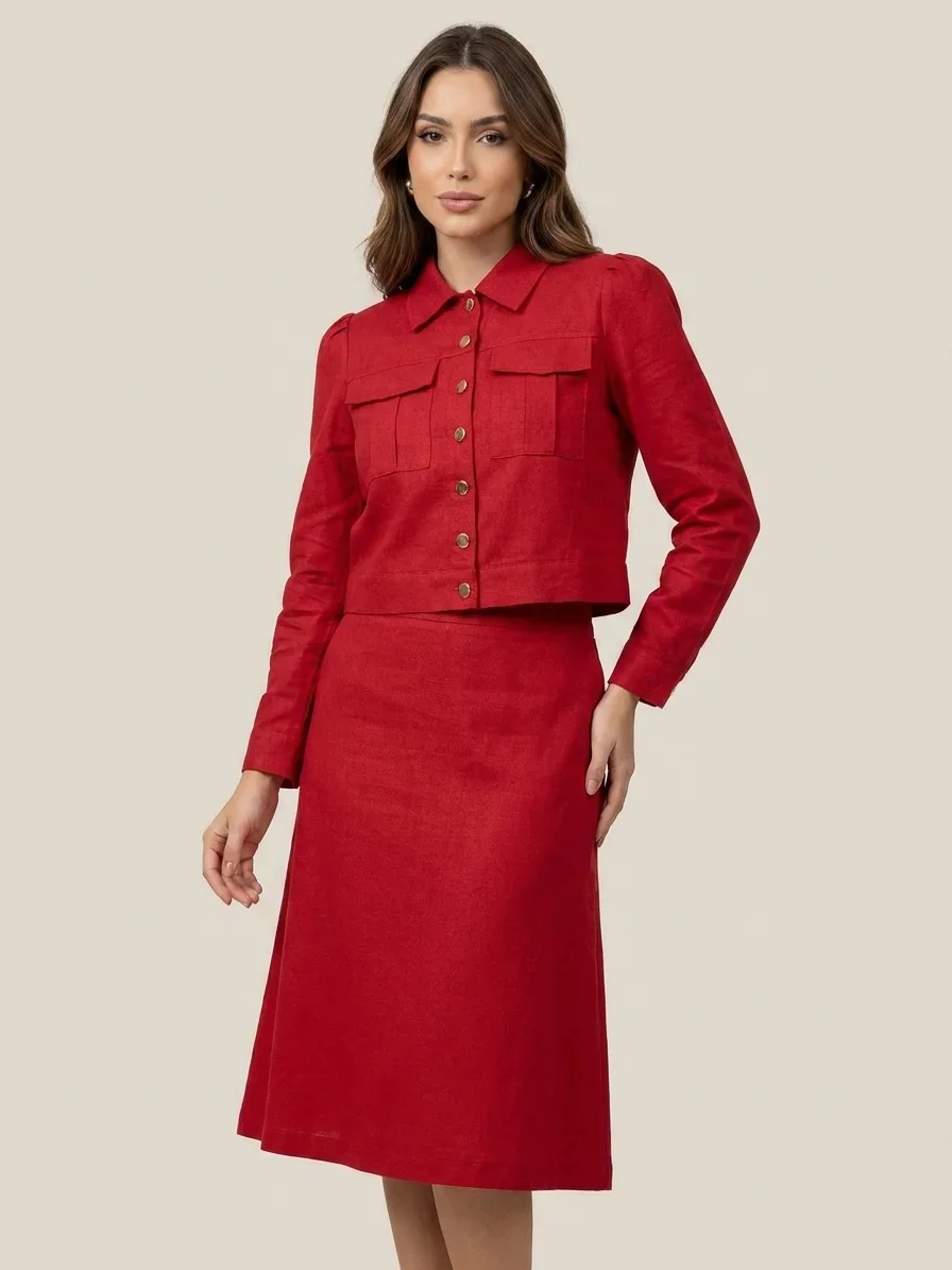 Conjunto Hapuk Miranda em Linho Vermelho com Jaqueta Cropped e Saia Midi