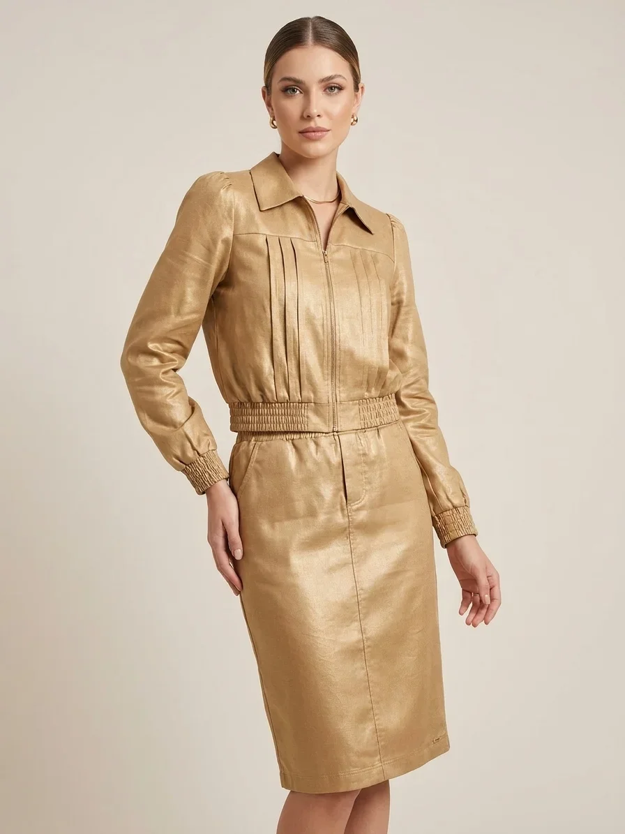 Conjunto Cailin Hapuk Saia Midi e Jaqueta Acetinada Dourada