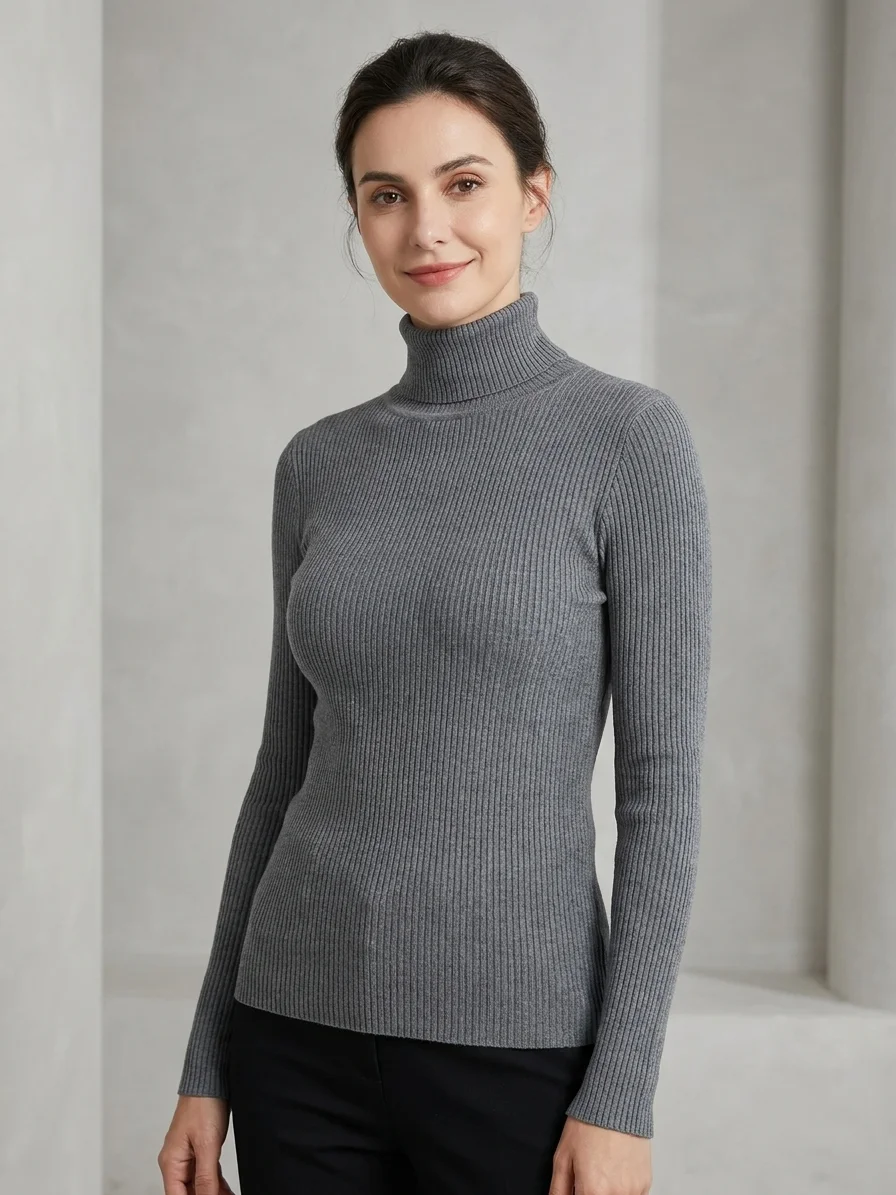 Blusa Cacharrel Hapuk Gola Alta em Malha Canelada Cinza Chumbo