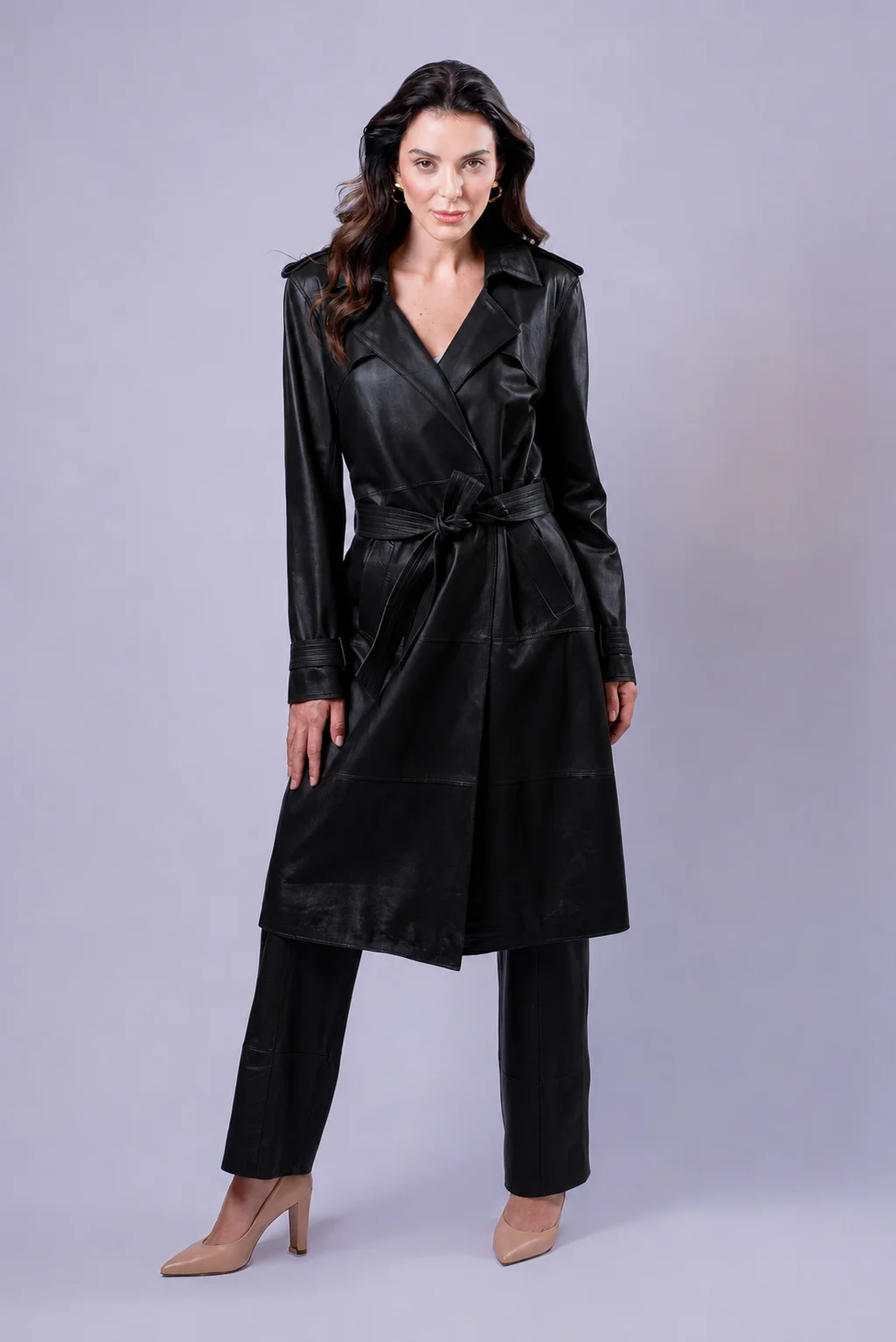 Trench Coat Longo em Couro Preto Selma Benck